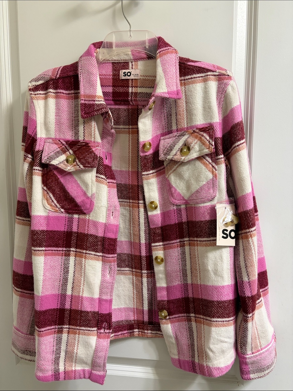 SO Pink, Burgundy & Cream Plaid Button-Up Shirt Jacket